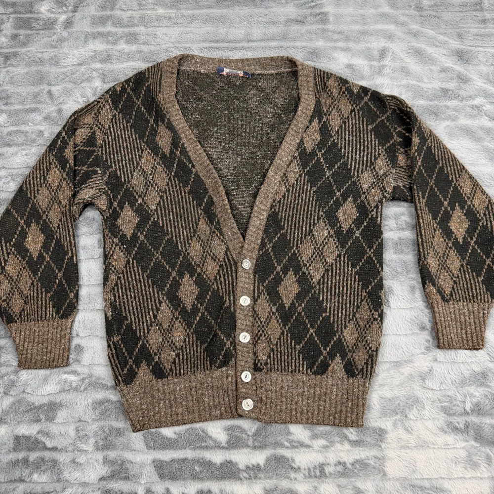 Knights Bridge Mens Vintage Argyle Cardigan Sweater Brown Black Geometric L
